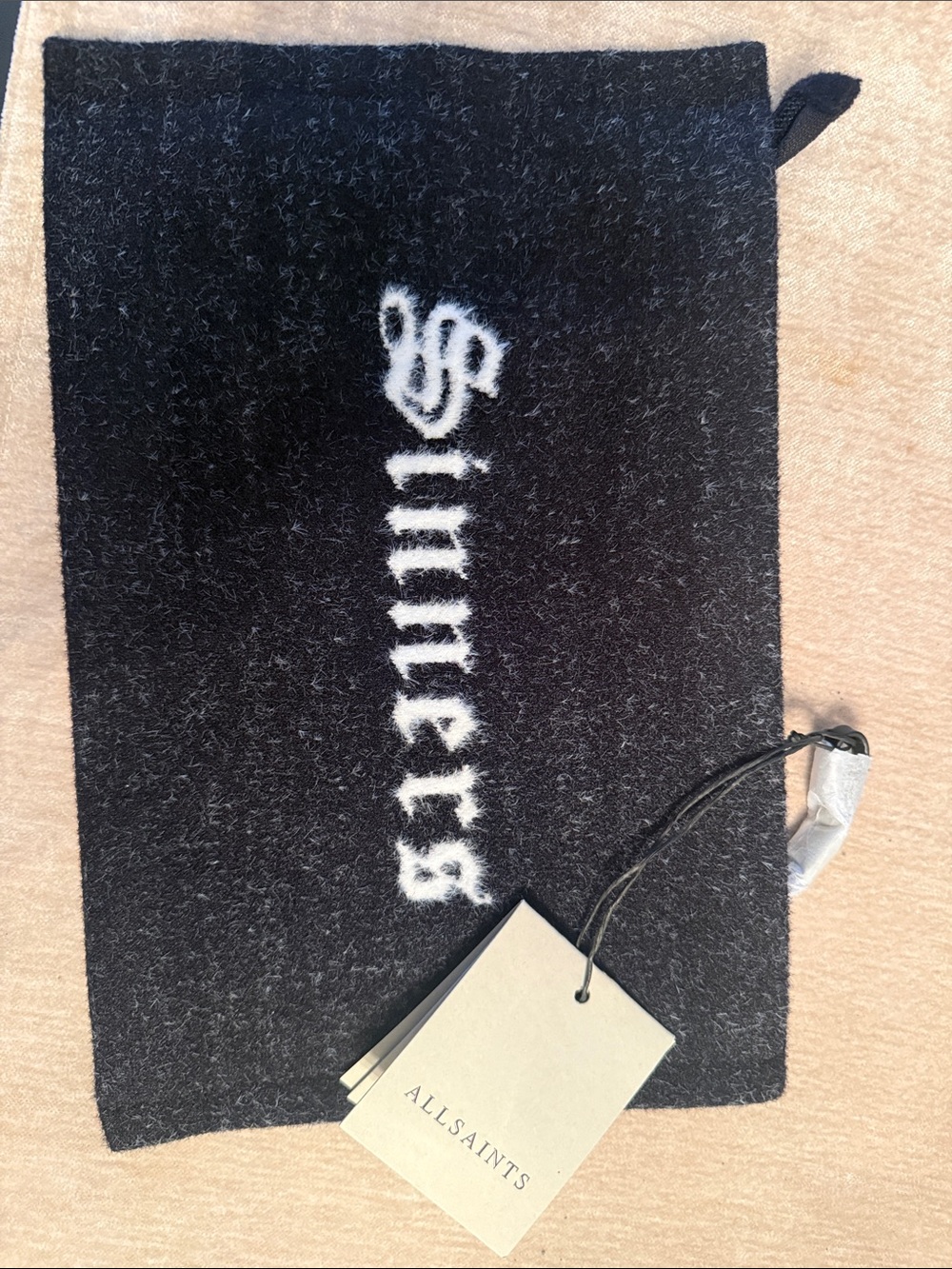 All Saints “Saints and Sinners” Black Wool Logo Pouch with White Script